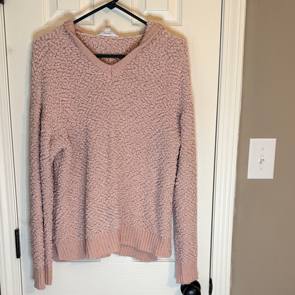 No Boundaries Textured Pink V-Neck Sweater w/ Hoodie